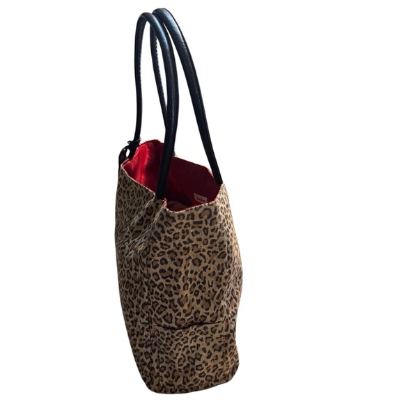 Neiman Marcus Tote Microfiber Suede Tan Brown Leopard Print Brown Handles Red - Picture 4 of 16